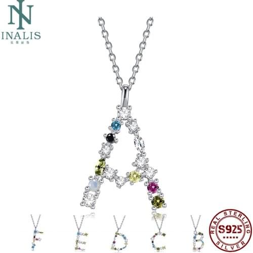 INALIS 925 Sterling Silver Pendant Necklaces For Women Romantic 26 Letters Color Cubic Zirconia Girl Necklace Party Fine Jewelry