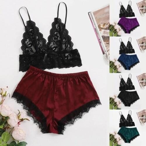 Lenceria Sensual Mujer New Sexy Lace Lingerie Silk Underwear Set Sleepwear Underwear Pajamas Satin Plus Size Push Up