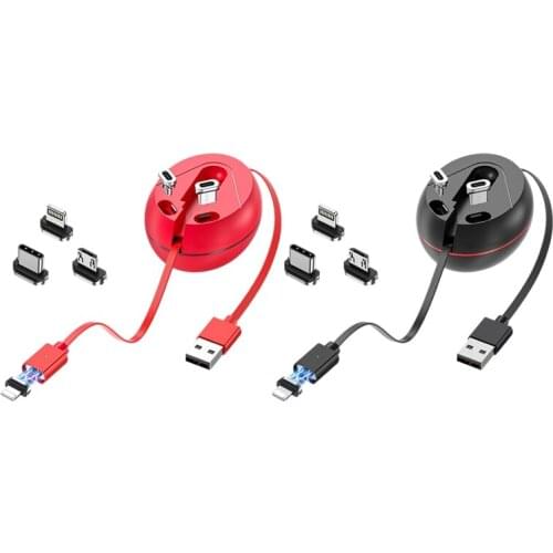 Kuulaa Retractable Data Cable 1 Drag 3 Cable Round 1M 3A Type-C Micro-USB Magnetic Storage Data Cable For Smart Phones