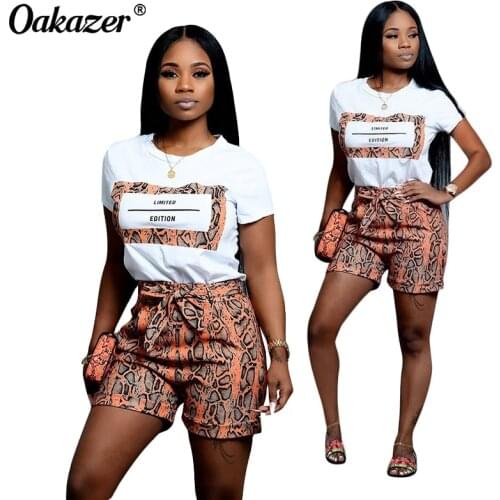 Oakazer Summer Tracksuit 2 Piece Set Letter Short Sleeve+Leopard Shorts Sets Women Casual Short Suits Female Outfit Clothing