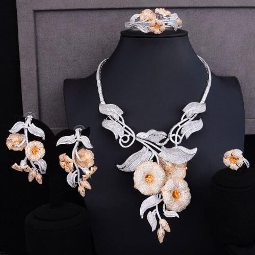 LARRAURI Hot Trendy Luxury Jewelry Sets Big Blooming Flowers Bangle Earrings Necklace Ring European Bridal Wedding Accessories