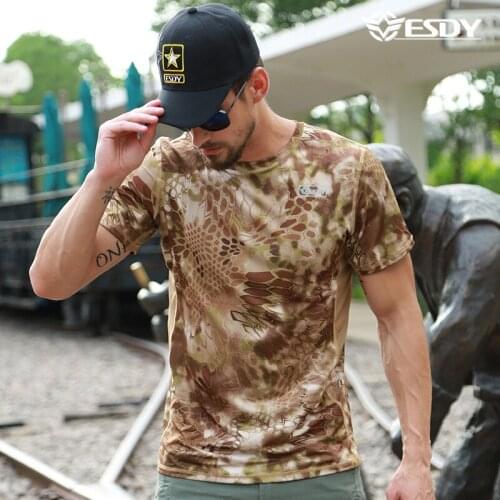 Men Outdoor Summer Breathable Army Green Rip-stop Tactical T Shirts Short Sleeve Camouflage Hiking T Shirts Fitness Hiking Tees