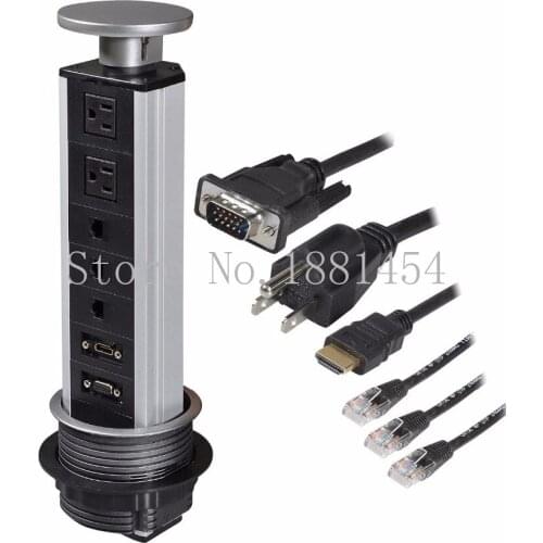 Tabletop Power Data Center Pulling Pop Up Power Socket 2 US Plugs 3 RJ45 Ports DHMI +VGA PTabletop Safe Hidden Outlet with 110-2