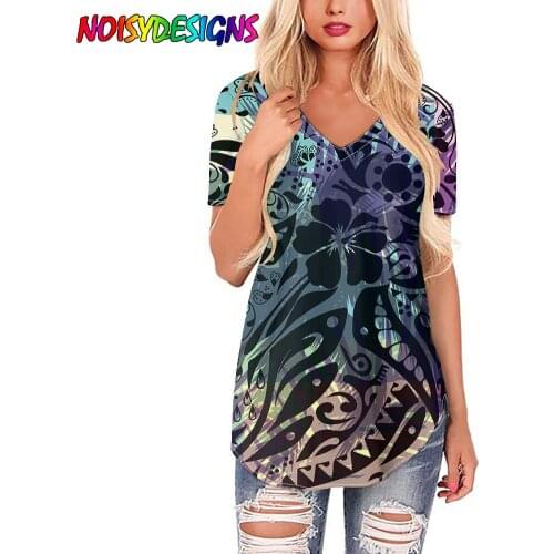 NOISYDESIGNS Polynesian Tattoo Hibiscus Plumeria Design Print V-neck T-shirt Casual T-shirt Women Fashion Tops Women Tshirts