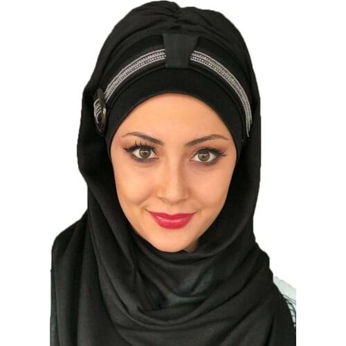Yeni Moda Hijab Müslüman Başörtüsü 2021 Kadın Eşarp İslami Türban Şapka Fular Hazır Şal Tokalı Tek Biritli Siyah Taşlı Desenli
