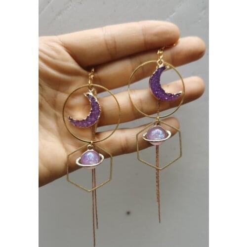Handmade Purple druzy crescent moon Saturn geometric dangle earrings, Hypoallergenic
