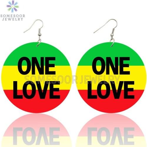 SOMESOOR African Colors One Love Wooden Drop Earrings Red Green Yellow Background Both Sides Printed Loops Dangle For Women Gift