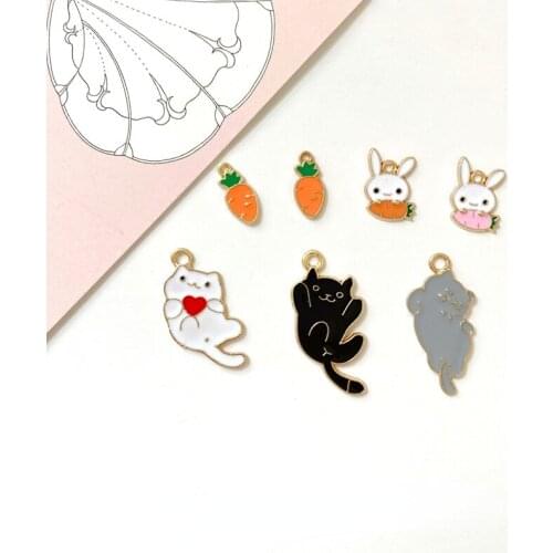 Alloy Dripping Oil Cute Cartoon Love Cat Carrot White Rabbit DIY Earring Bracelet Key Chain Material