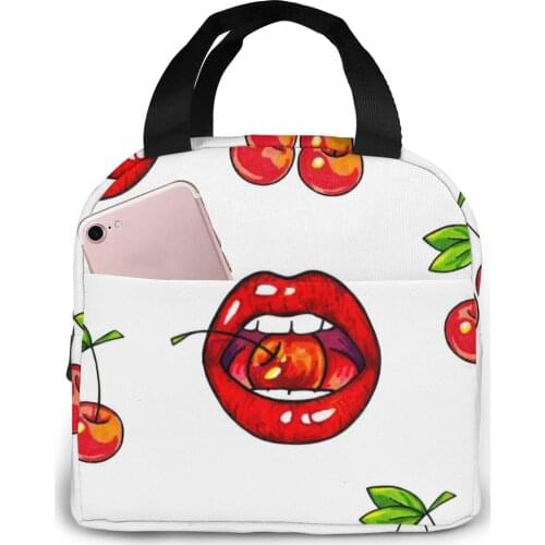 Lips And Cherries Cooler Bag Portable Zipper Thermal Lunch Bag Convenient Lunch Box Tote Food Bag