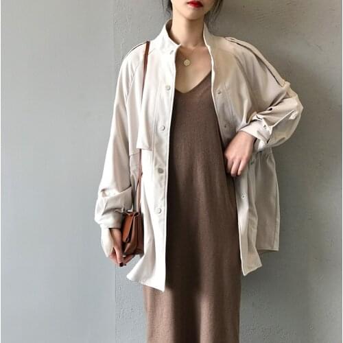 Womens Trench Coat Spring Autumn Womens Coat Solid Loose Womens Windbreaker Coat Women Casual Womens Long Trench Coat Korean