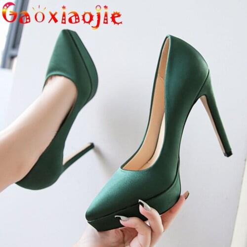 Lady Pure Colour Pointed Toe High-Quality Silk Pumps Fashion Celebrity Women Party 12CM Temperament Platform High Heel Shoes