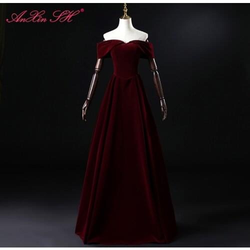 AXJFU princess wine red satin evening Dress vintage party boat neck bride performance host red a line lace up evening dress