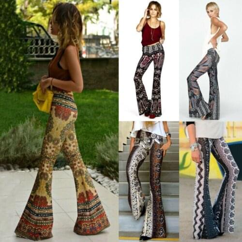 Womens Boho Hippie High Waist Printed Wide Leg Long Flared Bell Bottom Pants