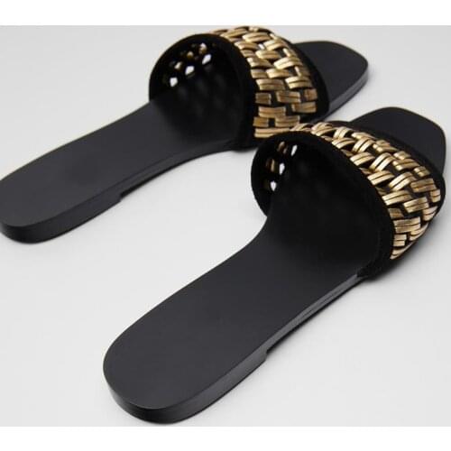 Zar a Woman 2021 Flat Shoes Spring Summer New Sexy Fashion Golden Weave Square Toe Flat-Heeled Beach Sandals For Women Plus Size