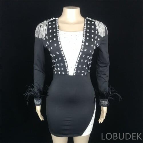 Women Rhinestones Black Feather Sleeve Wrap Hip Short Dress Fashion Birthday Prom Party Crystal One Piece Singer Host Stage Wear