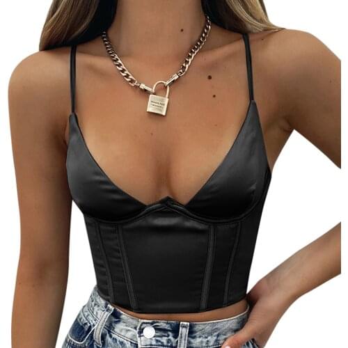 IMCUTE V Neck Sleeveless Corset Crop Top Black Women 2021 Sexy Backless Y2K Summer Casual Bustier Cami Spaghetti Strap Tank Tops