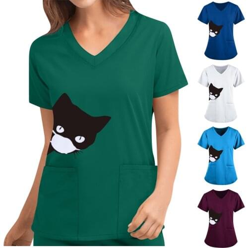 WomenS Cute Kitty Print Short Sleeve Uniform Tops Short Sleeve V-Neck Top Work Uniform Solid Color Pocket Top Women Clothing
