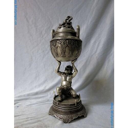 12" China Tibet silver dragon Yuan bao buddha Censer fine Incense burner Statue