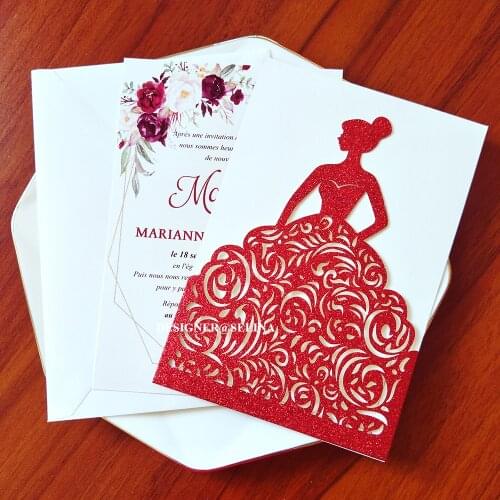 50pc Red Princess Wedding Invitation Card Personalzied Printing DIY Glitter Laser Cut Invites For Quinceanera Anniversary Party