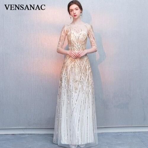 VENSANAC Sequined O Neck A Line Long Evening Dresses Illusion Half Sleeve Backless Party Prom Gowns