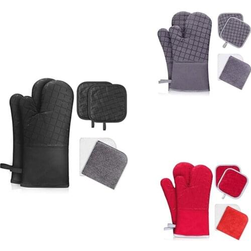 BMBY-6Pcs Oven Mitts, 500℉ Heat Resistant Oven Mitts with Kitchen Towels Soft Cotton Lining and Non-Slip Surface