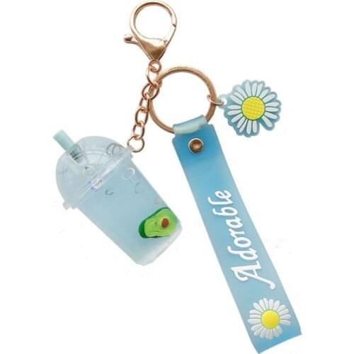 Cute Fruit Avocado Milk Tea Cup Keychai Keyring Diy Floating Quicksand Oil Drifting Key Chain Women Couple Bag Charm Best Gift