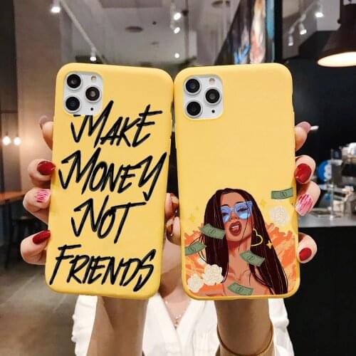 MAKE MONEY Not Friends Kash Afro Black Girl Fundas phone case for iPhone X XR 11 12Pro Mini Max 8 7 Plus Matte Yellow Silicone