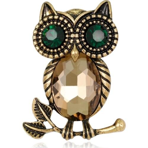 Black Enamel Antique Golden Plated Green Eye Crystal Rhinestone Owl Pin Clothes Scarf Buckle Brooch Jewelry Women Men Accessory