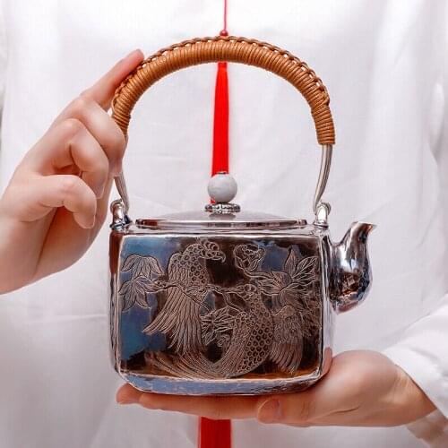 Pure silver Kung Fu tea set, manual production pure silver 999 do old burn water kettle mention beam pot, office gift collection