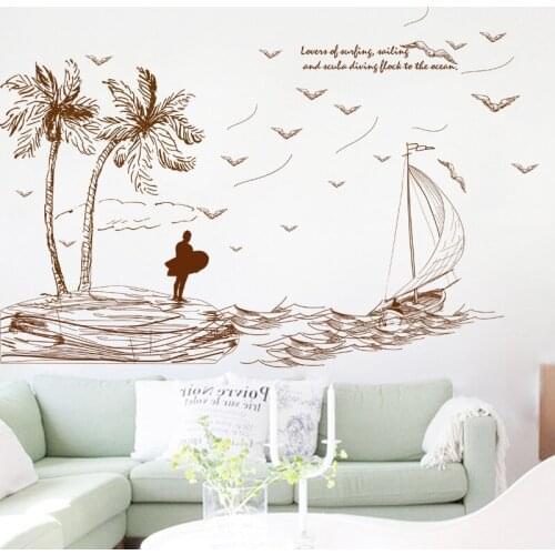 Sketch coconut Tree Sailboat Seagull Beach Surf Landscape Wall Stickers decals home decor livingroom bedroom wallpaper Art Mural