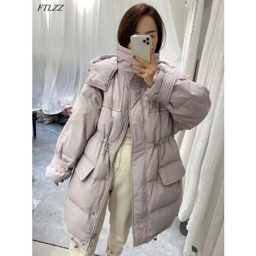FTLZZ Winter Hooded Down Jackets Women Loose White Duck Down Long Coat Solid Thick Warm Yellow Feather Outwear Waist Retractable