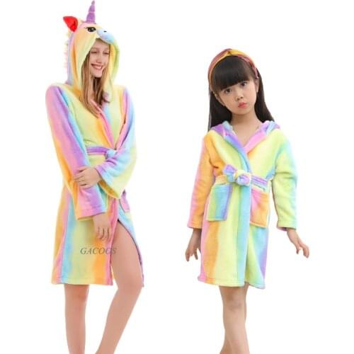 Kigurumi Unicorn Hooded Adults Bathrobes Rainbow Bath Robe Animal For Girls Pyjamas Nightgown Women Kids Sleepwear Dressing Gown