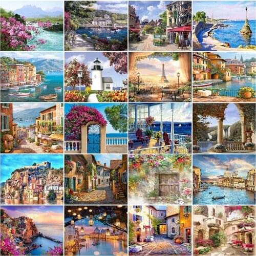 Gatyztory Paint By Numbers For Adults Children Seaside Town DIY HandPainted Oil Painting Landscape Picture Home Wall Decor Gift