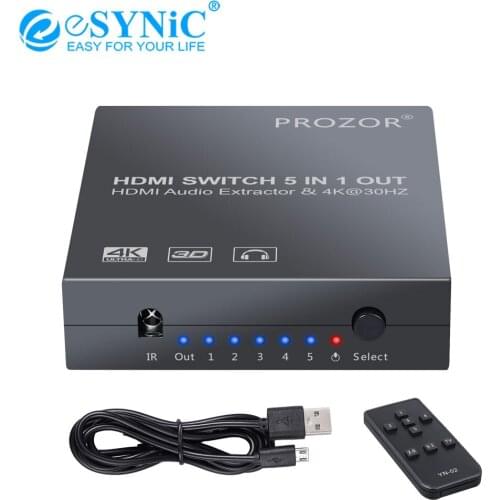ESYNiC 5x1 HDMI Switch With Audio Extractor HDMI Audio Converter HDMI Switcher With IR Remote Support 4K 3D For PS3 PS4