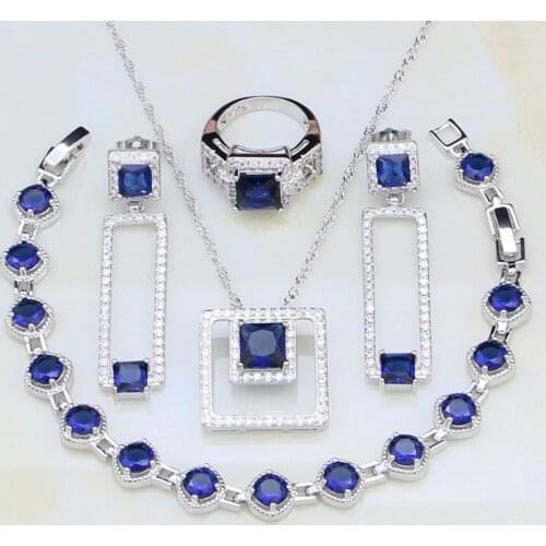 Square Blue Cubic Zirconia White CZ 925 Sterling Silver Costume Jewelry Sets For Women Earrings/Pendant/Necklace/Rings/Bracelets