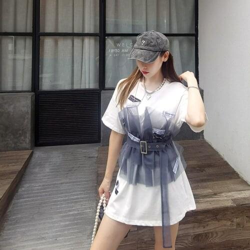 Summer Belt T Shirt Women Short Sleeve Adjustable Mesh Casual White Patch T-Shirt Ladies