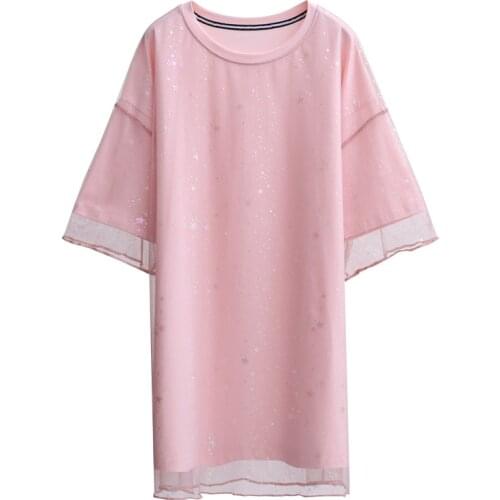ZuoLunOuBa Fashion Net Yarn Women T Shirt Mid-length Bronzing Harajuku Broken Flower Butterfly Tees Loose Pink Tops Female