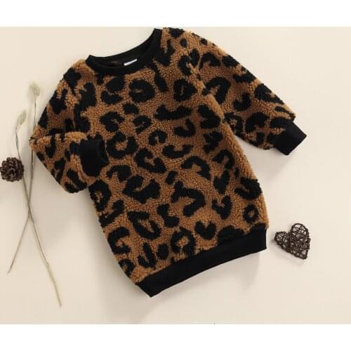 Fashion Little Girls Breathable Fleece-Lined Dress Children Autumn Winter Leopard Print Round Collar Long Sleeve Princess Dress