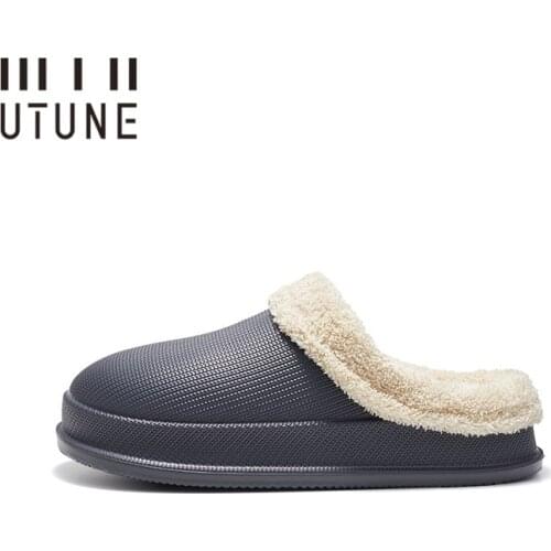 UTUNE Winter Slippers Men Shell Mules Waterproof EVA Indoor Plush Warm Shoes Women Anti-slip Garden Thick Home Slipper Solid