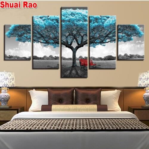 Diy Diamond Painting Abstract 5 Pieces Blue Big Tree Red Chair Pictures Landscape Full square round Drill mosaic set
