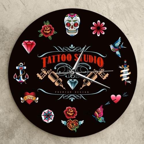 Tattoo Studio Wall Clock Vintage Style Hipster Men Salon Studio Wall Clock Battery Operated Tattooist Black Watch Artist Gift