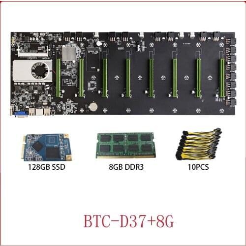 BTC-D37 Riserless Mining Motherboard 8CPU Bitcoin Crypto Etherum Mining with 4GB DDR3 128GB MSATA SSD 10X8Pin Power Cable
