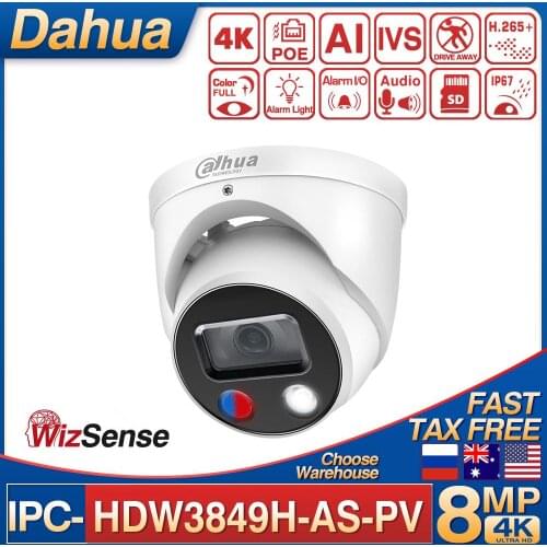 Dahua IPC-HDW3849H-AS-PV 8MP Full-color Active Deterrence WizSense IP Camera Alarm I/O 2-Way Audio Warm LED AI IVS SD Card IP67