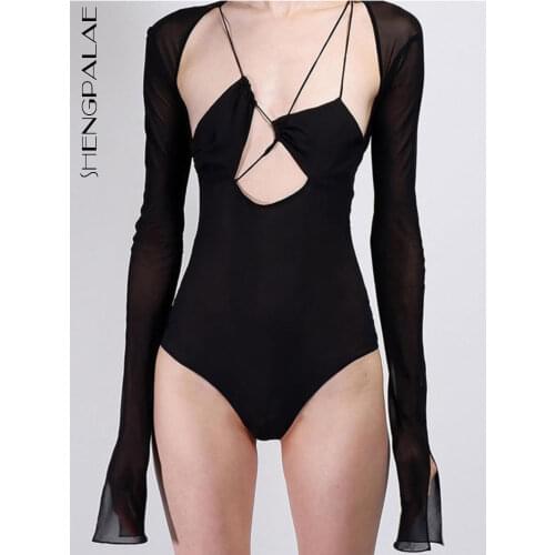 SHENGPALAE Sexy Asymmetrical Hollow Out Tops Womens Summer 2021 New Slim Thin Long Sleeve Conjoined Body T-shirt Female 5E1483