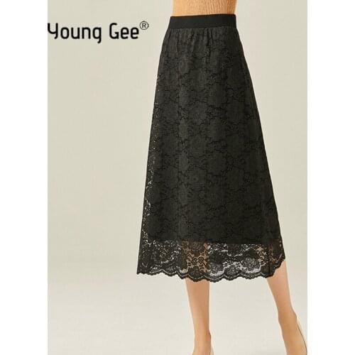 Young Gee Elegant Women Elastic Waist A-line Skirt Office Autumn Winter Wrapped Hip Slim Knitted Lace Double Side Wear Skirts
