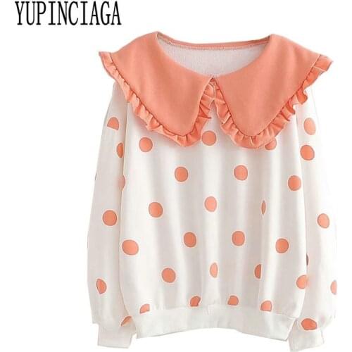 YUPINCIAGA Japanese Mori Women Fresh Girlish Doll Collar Polka Dot Harajuku Hooded Sweatshirts Women Long Sleeve Kawaii Hoodies