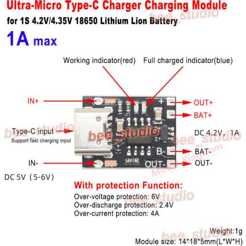 Type-C USB 5V 1A 3.7V 18650 Lithium Li-on Battery Charger Module Charging Board