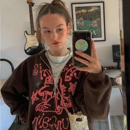 2021 Zip-up Women Gothic Hoodies Vintage Solid Brown Long Sleeve Oversized Hooded Sweatshirt Y2K Lady Women Casual Large Jacket