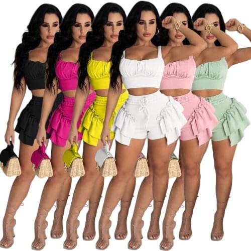Women 2 Piece Sets Casual Solid Color Ruffles Shorts and Crop Top Summer Sexy Fashion Club Vacation Tight Outfits