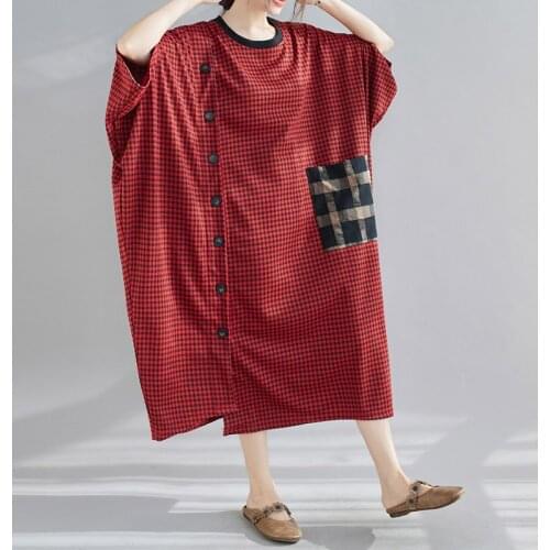 Plus Size Cotton Linen 4XL 5XL 6XL 7XL Dresses For Women 2021 Summer Fashion Batwing Sleeve Plaid Sundress Vintage Lady Vestidos